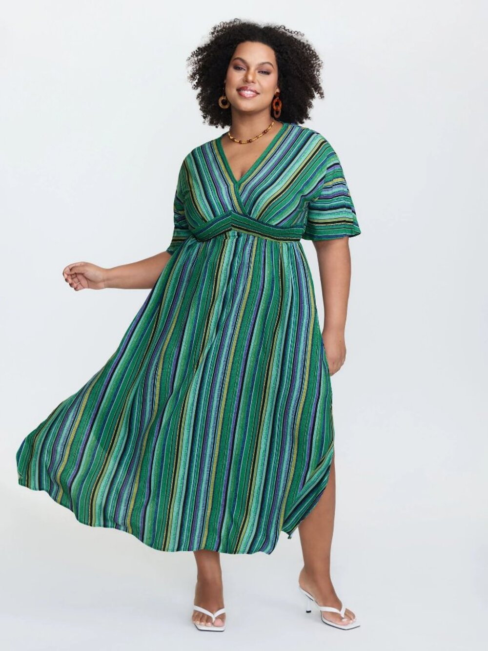 BloomChic Boho Maxi Dress 14/16 1x Emerald Green Striped Empire Waist Dress